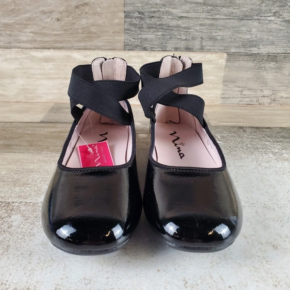 Nina Marissa Girls Ballet Flats Sz 1 M Black Crinkle Crisscross Strap Back Zip